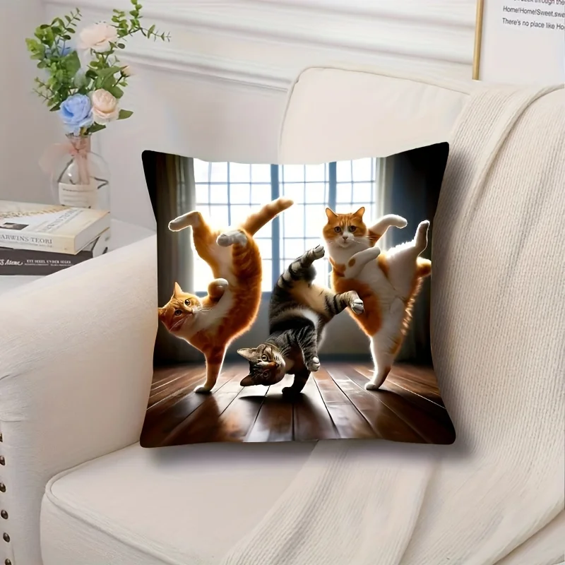 Funny Dancing Cats Pillowcase, Cute Kung Fu Kitty Cushion Cover, Humorous Pet Home Decor for Sofa Bedroom Living Room