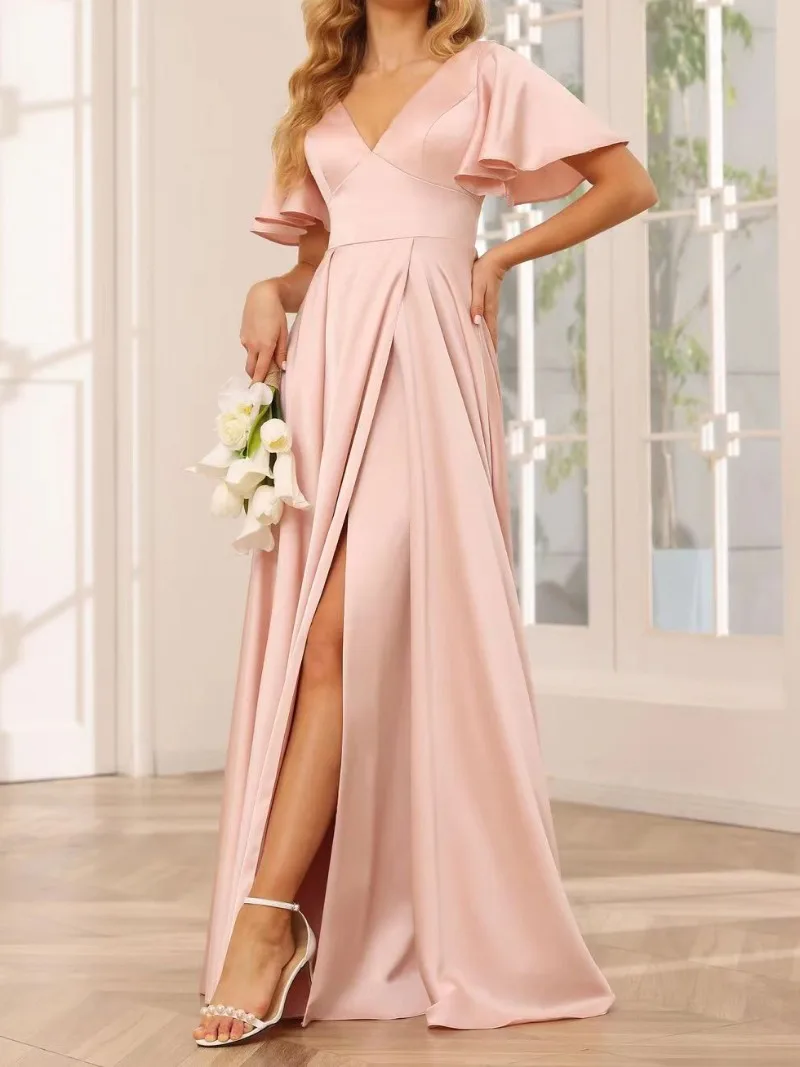 

Elegant V-neck Maxi Celebrity Wedding Party Dresses Solid Flared Sleeves Vestidos De Noche Slim Waist Slit Graduation Dresses