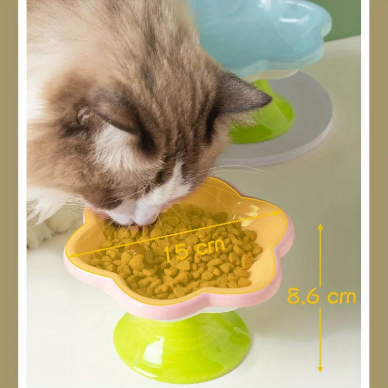 Ceramic Raised Cat Bowl With Flower Design, Elevated Cat Food Bowl Water Plate Snack Dish With Stand For Neck Protection