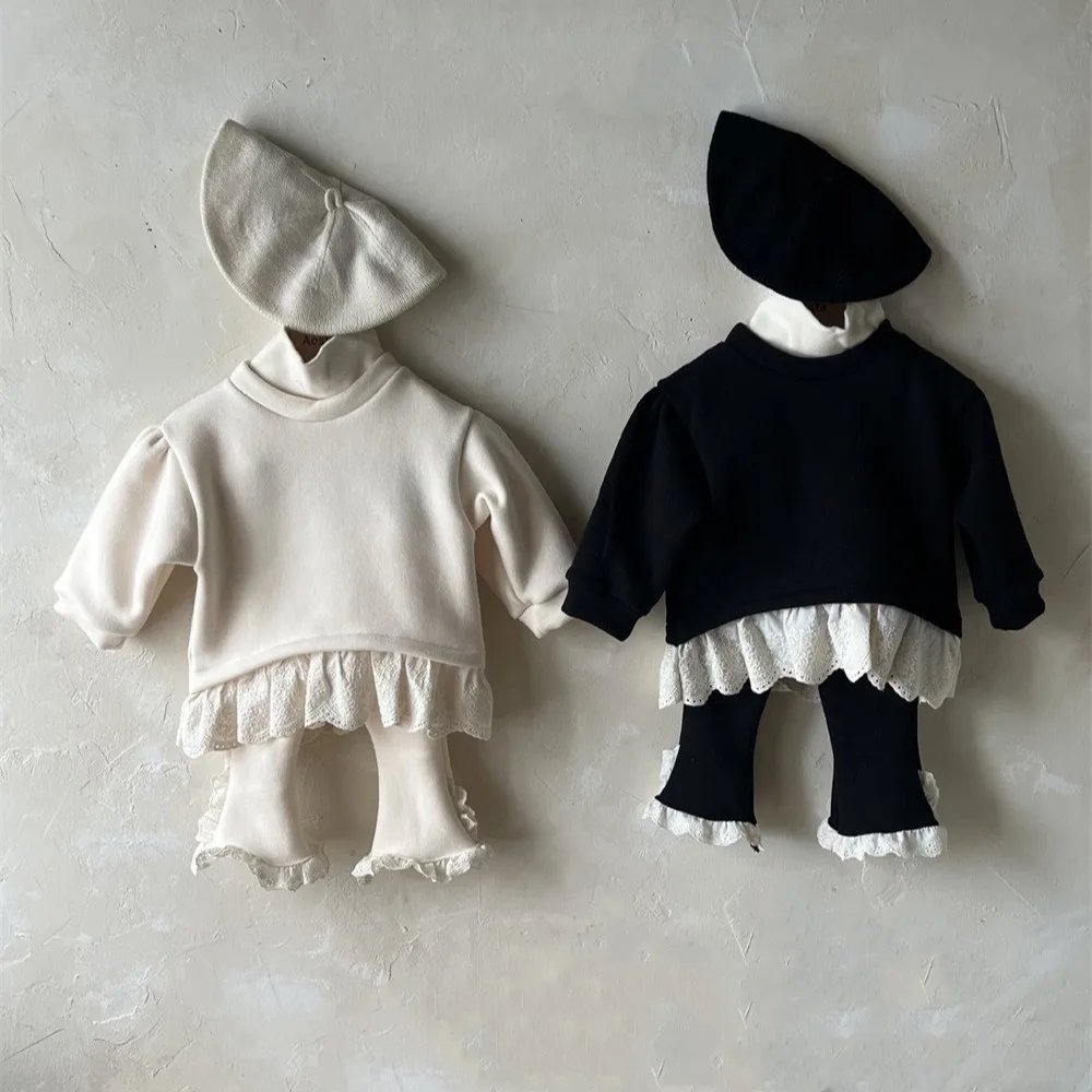 Winter New Baby Girl Plus Velvet Thick Set Infant Solid Turtleneck Sweatshirt + Flared Pants 2pcs Suit Toddler Girl Warm Outfits