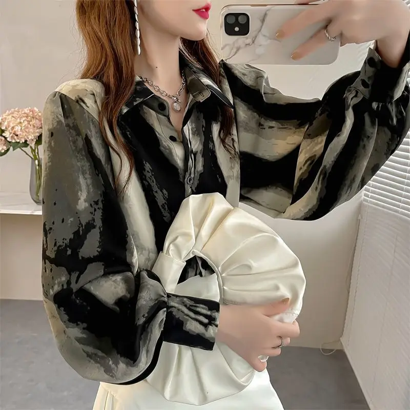 2023 Summer Fashion Polo Neck Tie Dyed Button Lantern Sleeve Front Short Back Long Cardigan Casual Loose Commuter Women\'s Shirt