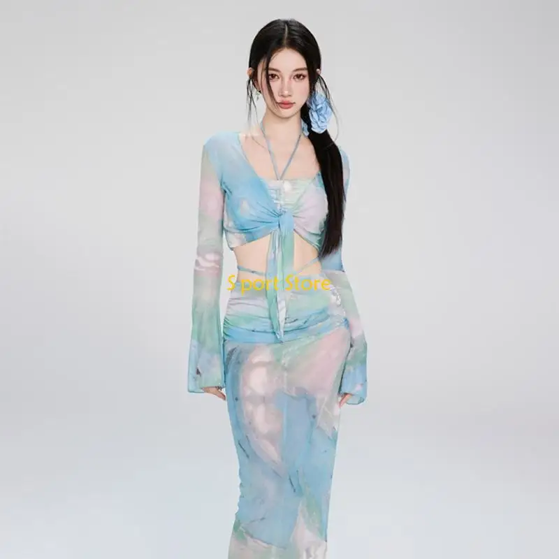 U2JB 4 قطعة ملابس السباحة للنساء رفع لباس سباحة بأكمام طويلة ملابس السباحة مع المحاصيل الأعلى وتنورة الشاطئ الإناث ثوب السباحة