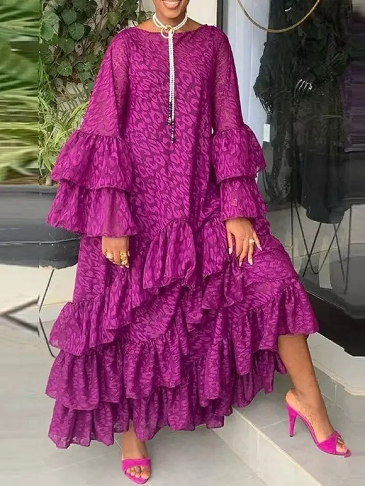 

Krismile Elegant Falbala Party Evening Dress 2024 New Spring Flared Sleeves Loose Round-Neck Casual Maxi Dresses For Women