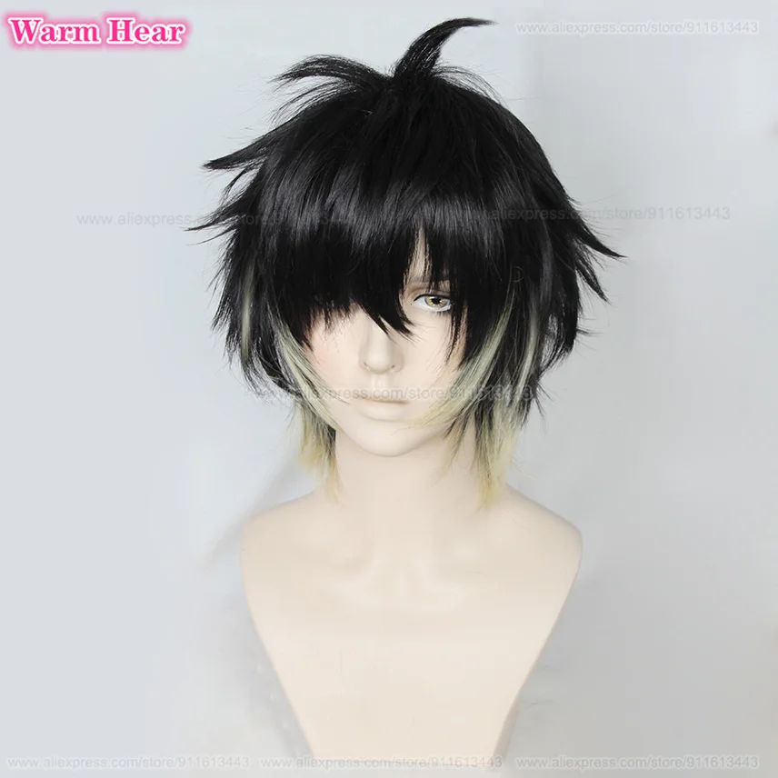 Peluca de Cosplay de Anime Towa para hombres, pelo sintético resistente al calor, corto, negro, amarillo, fiesta, gorra