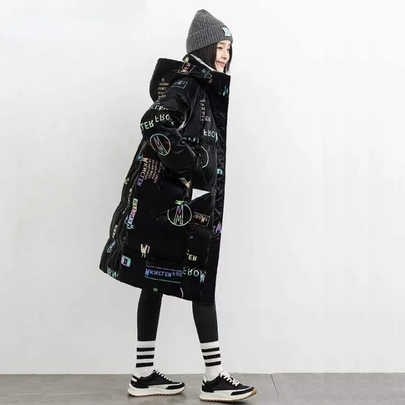 2023 New Women Down Cotton Coat Winter Jacket Female Mid Length Version Parkas Loose Thick Outwear Printing Hooded Overcoat