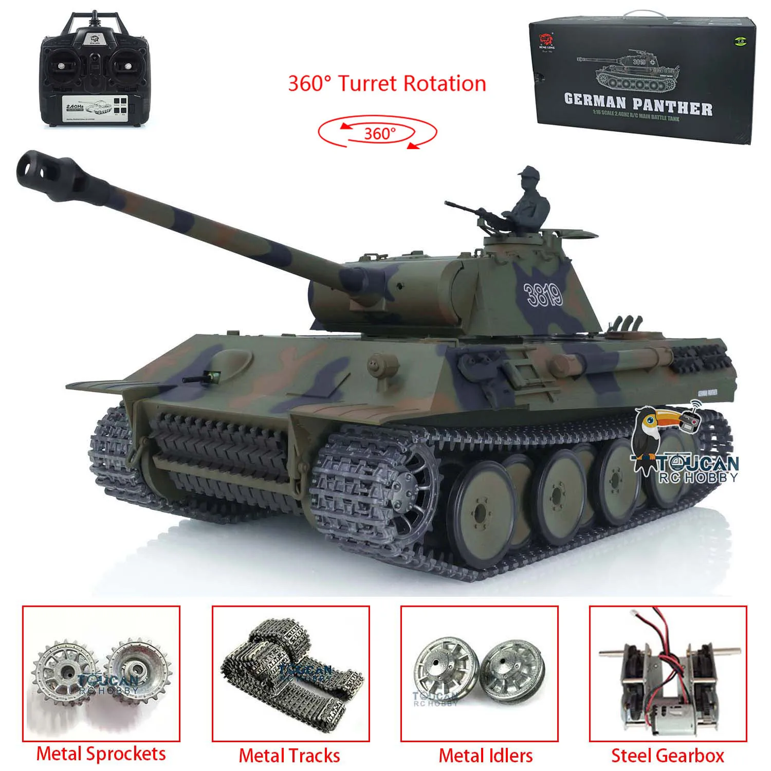 Henglong 1/16 Metal German Panther V RTR RC Rotative 360°Turret Tank 3819 7.0 Upgraded Ver With Sprocket Wheels Driving Gearbox