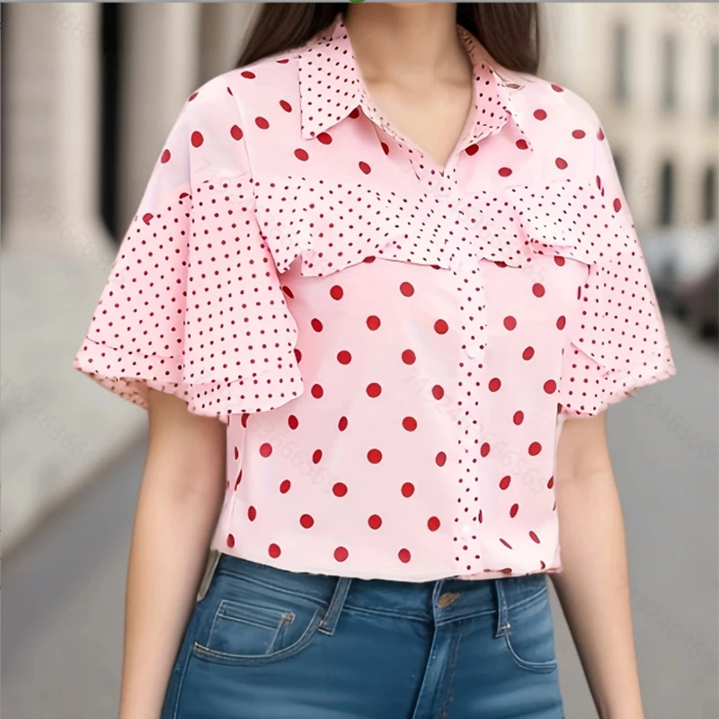 Temperament Polka Dot Short Sleeve Chiffon Shirts Women Fashion Spliced Ruffles Lapel Crop Top Summer New Single-Breasted Blouse