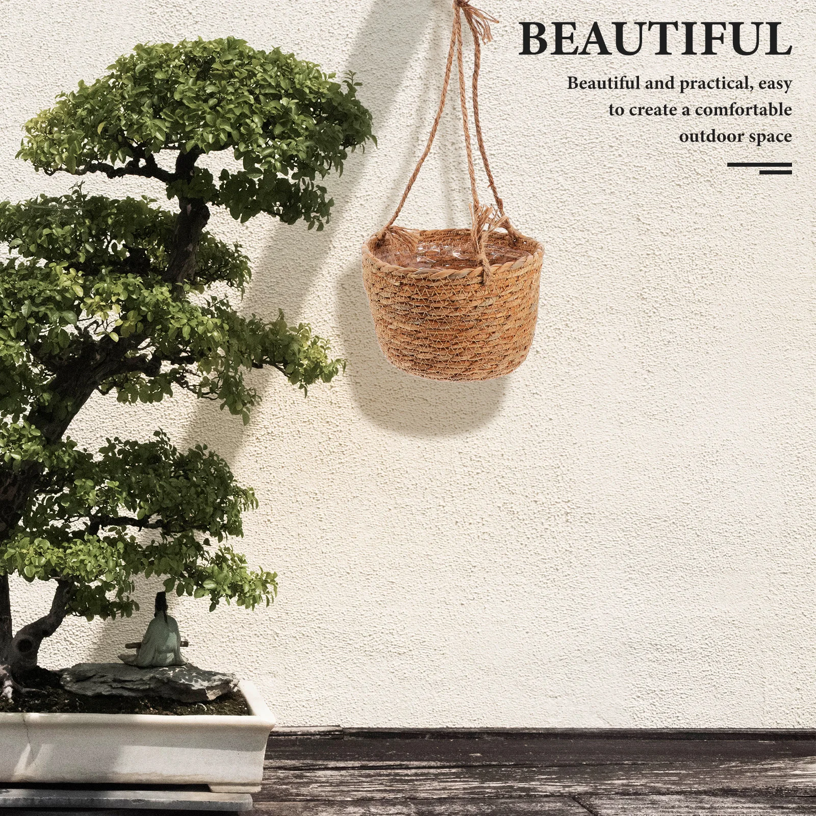 

Straw Hanging Planter Indoor Plant Basket Outdoor 20cm Mouth Small Plant Woven Planter Basket Pothos Balcony Decor