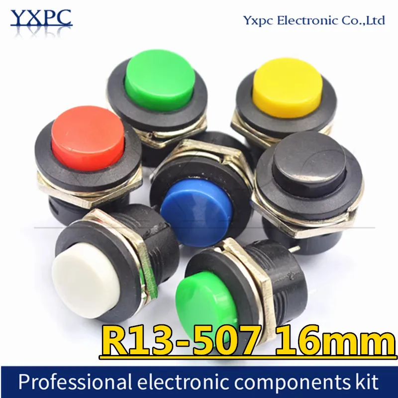 5pcs Round-shape Push Button Switch ON OFF 2Pin ON-OFF R13-507 16mm Momentary Electric Power Switch R13 507 Switches