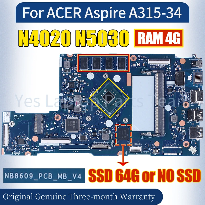 NB8609_PCB-MB_V4 For ACER Aspire A315-34 Laptop Mainboard NB8612F06 N4020 N5030 CPU RAM 4G Notebook Motherboard Tested