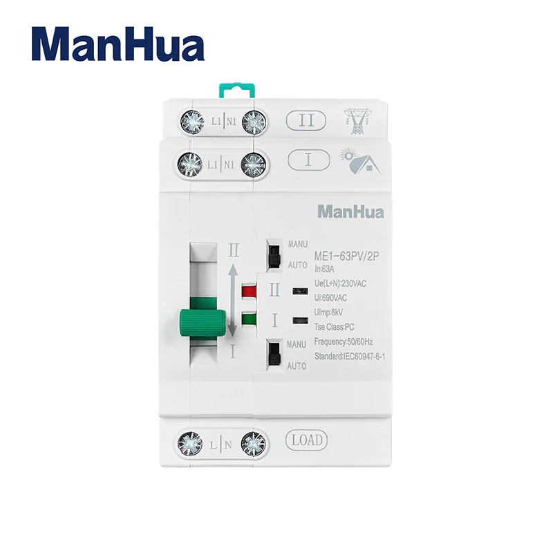 

ManHua ME1-63PV/2P 63A 230VAC Photovoltaic Automatic Transfer Switch For Solar Photovoltaic DC Power And City AC Power