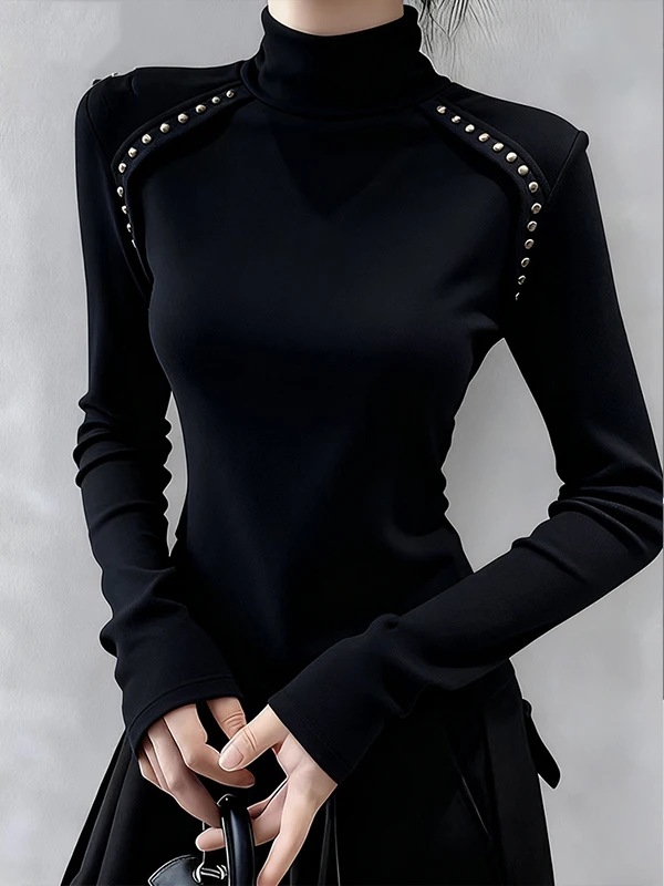 

Женская футболка с высоким воротником, расшитая бисером, с длинным рукавом, приталенная, в корейском стиле, для повседневной носки