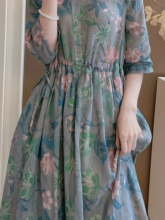 Rétro lin Dr femmes V-ne taille cintrée coton lin longue été Zen pur thé vêtements imprimé artistique Robe taille moyenne A-...