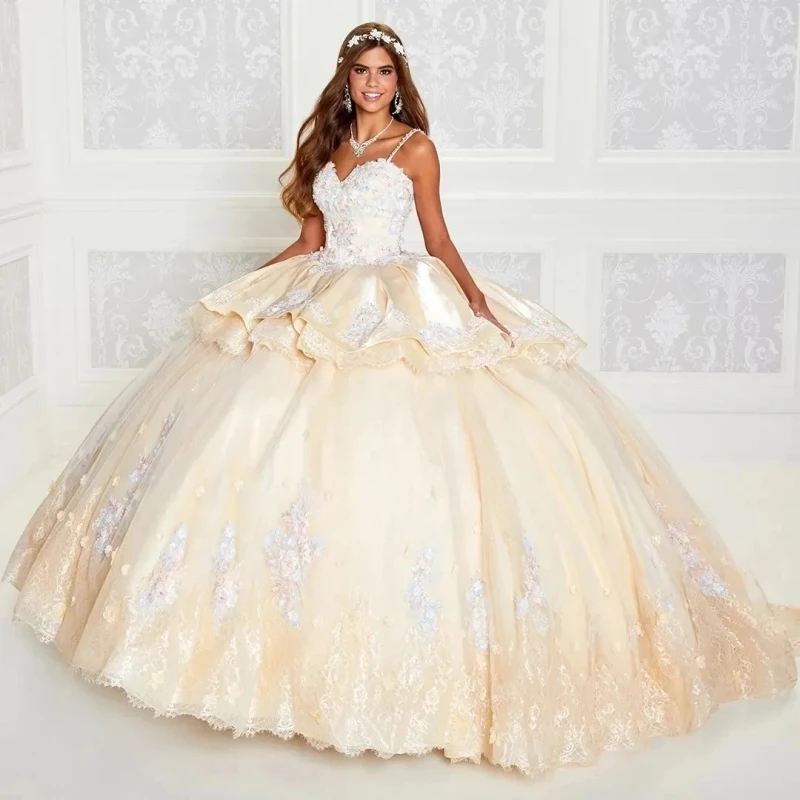 

Puffy Quinceanera Dresses Spaghetti Straps Sweetheart Satin Appliques Ball Gowns Sweet 16 Vestidos de 15 Años