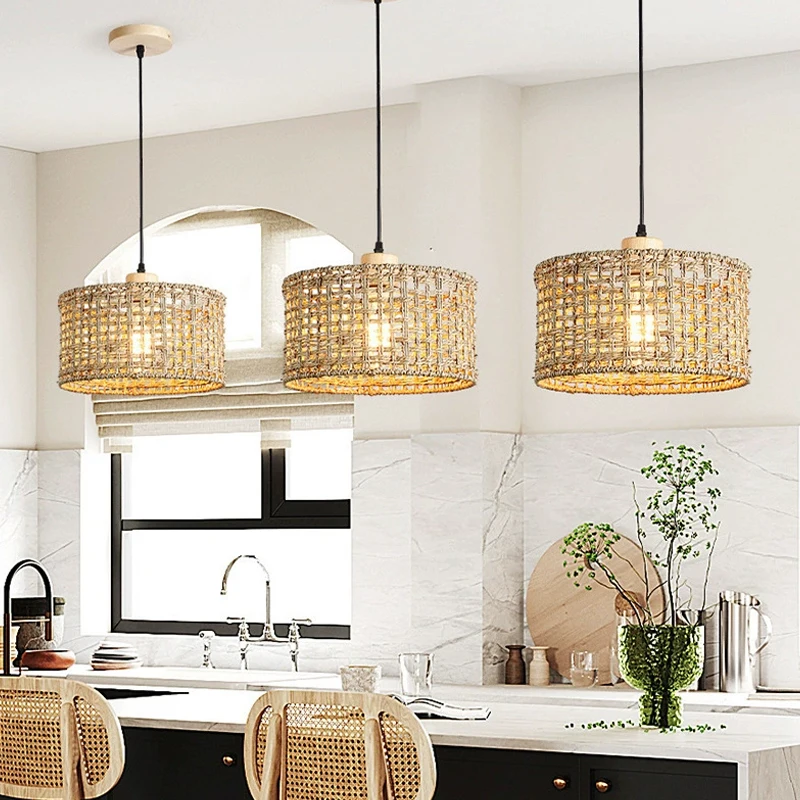 Wicker Rattan Pendant Lamp Teahouse Homestays Decorative Pastoral Retro Pendant Light Kitchen Corridor Bedroom Dining Chandelier