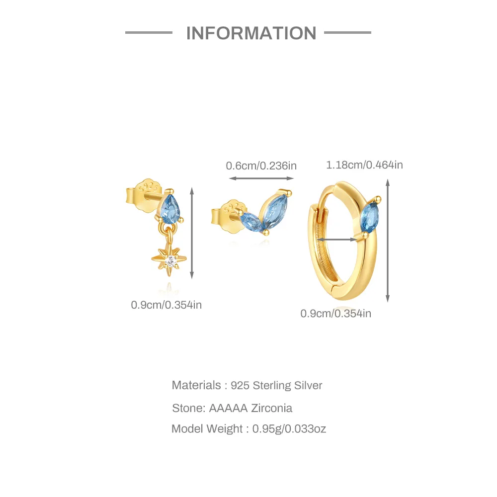 ROXI 925 Sterling Silver Blue WaterDrop/Horse eye/Eight Pointed Star Zircon Earring Set For Women 3 piece Earring Party Jewelry