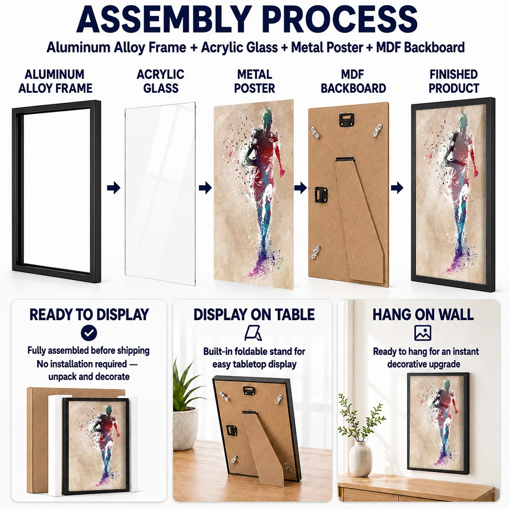 Running Man Metal Poster With Aluminum Alloy Frame Customized Watercolor Style Wall Art For Training Studio And Fitness Room