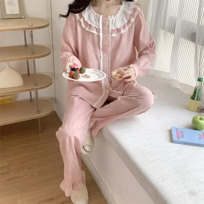 Spring Autumn Pink Lace Sleepwear Princess 100% Cotton Pajama 2 Piece Set Comfortable Pants Home Clothes Ruffle Pijama S461