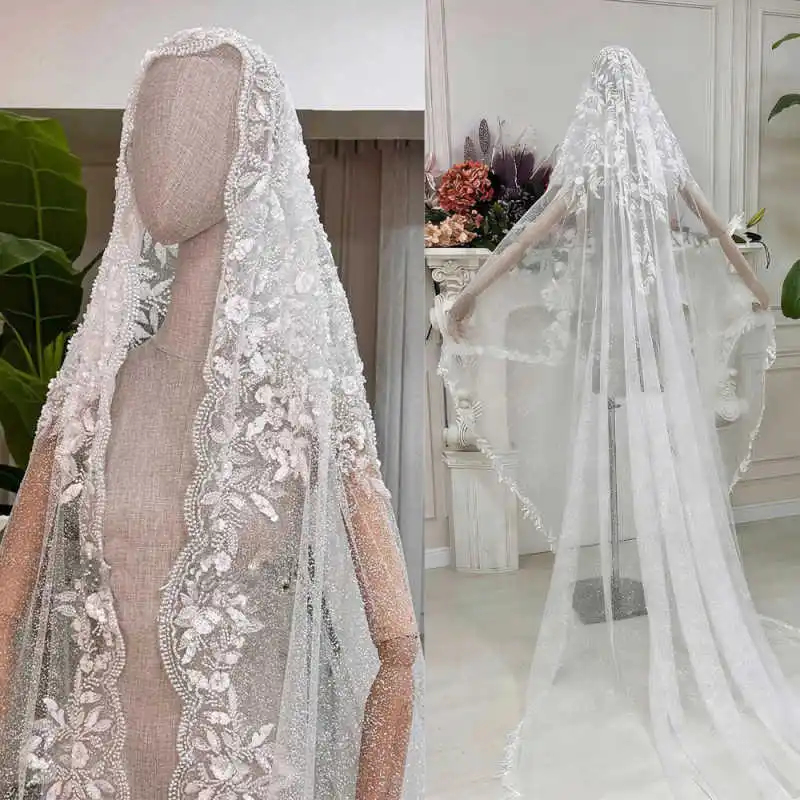 

Glitter Beading Lace Wedding Veil 3 Meters White Ivory Bridal Veil Customized Sequined Applique Cape Bride Headpiece Accessories