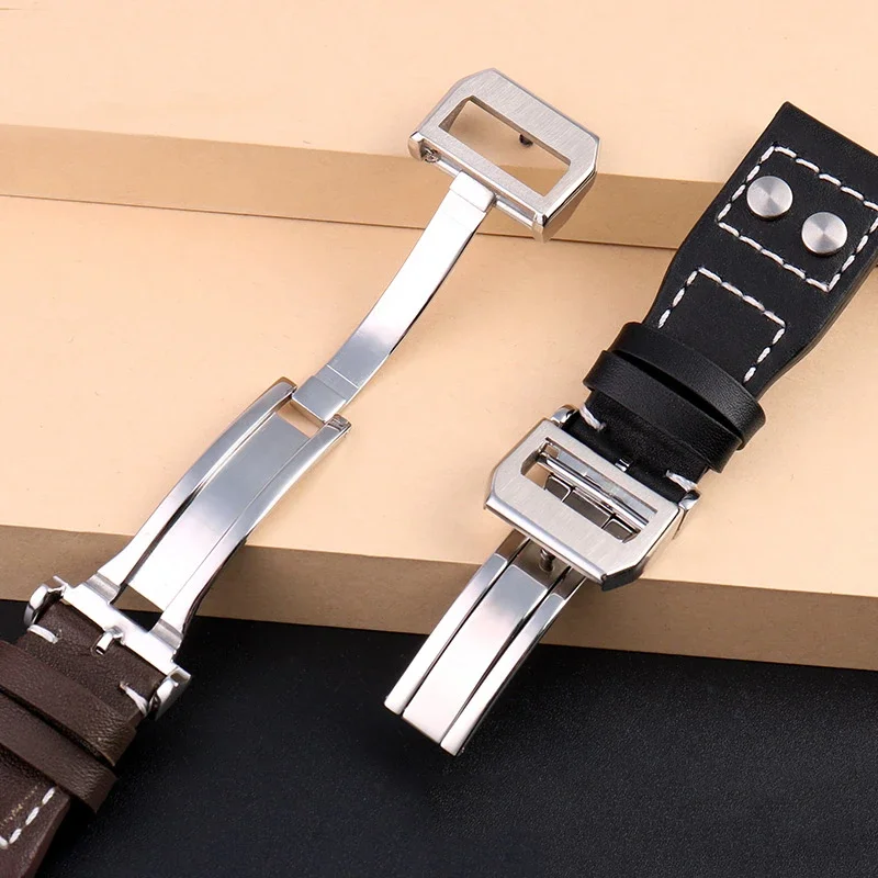 Genuine Leather Rivets Watchband For IWC Big Pilot Spitfire Brown Black Cowhide Folding Buckle Watch Men Strap 21x18mm 22x18mm