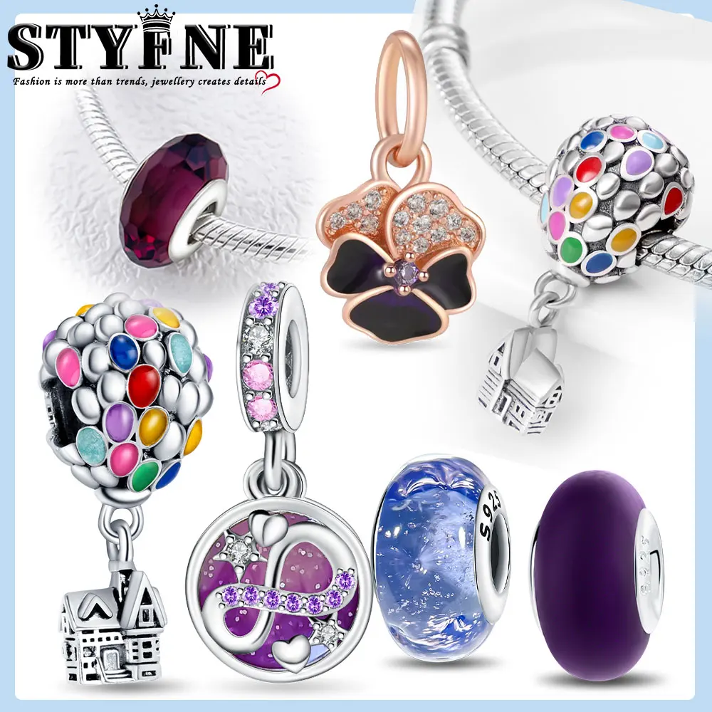 

S925 Sterling Silver Purple Daisy Murano Beaded Night Sky Star Dangle Charm Fits DIY Bracelet DIY Luxury Silver Girl Jewelry