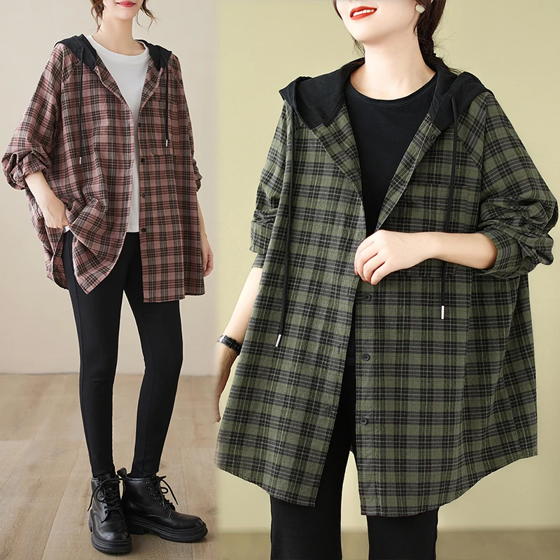 

Ретро Гонконг Sle Plaid Cotton irt Jaet Свободный повседневный женский новый осенний длинный топ с капюшоном на пуговицах