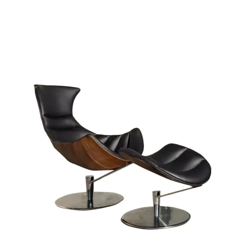 

Single sofa chair natural walnut wood grain living room casual rotating leather high back chair with stool