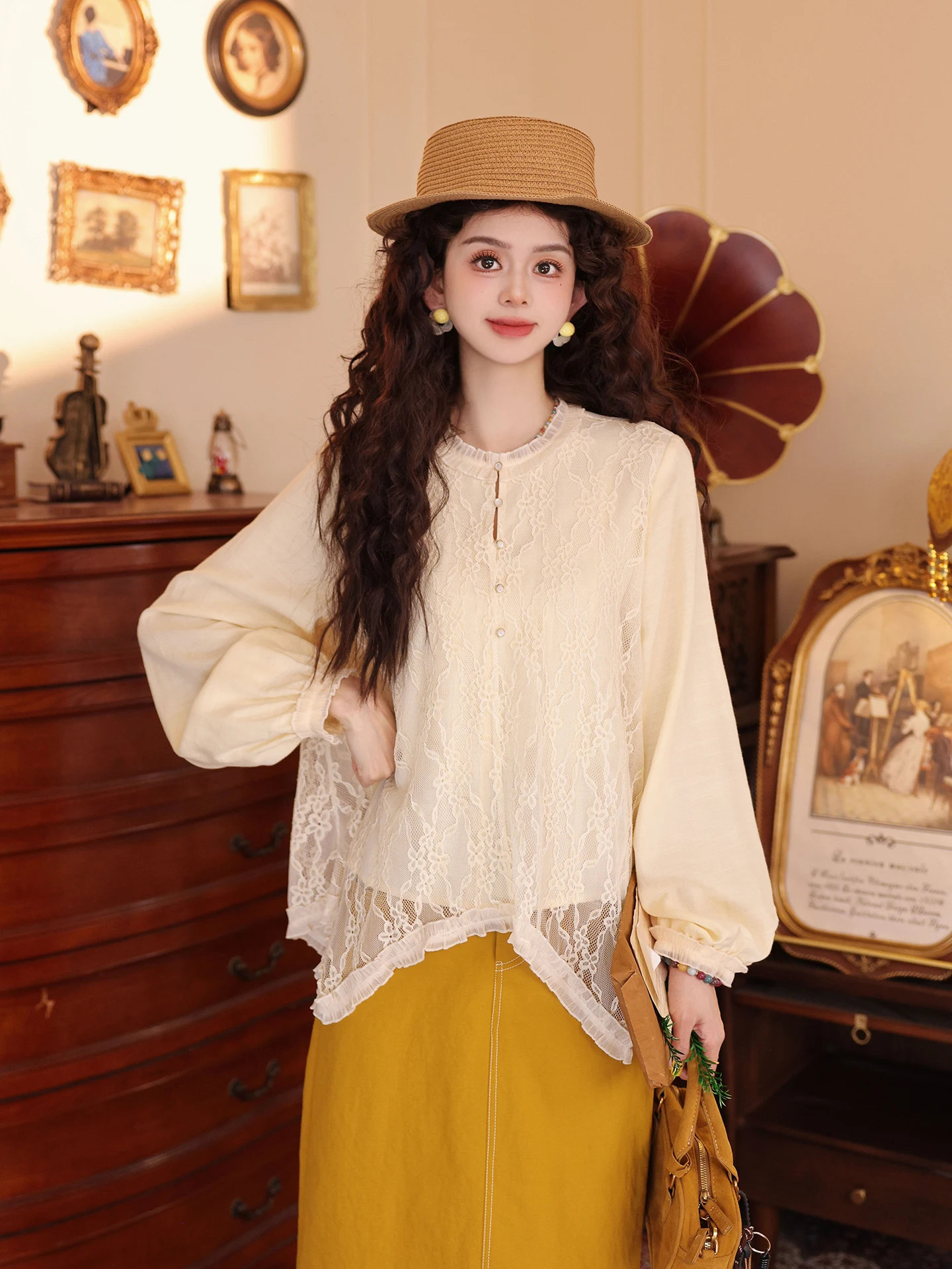 

Романтическая женская блузка с длинным рукавом и кружевом, модная коллекция Весна 2026, дизайн Chen Jiajie Ginkgo Le, универсальная повседневная блузка