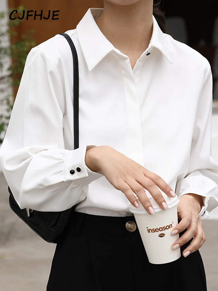 CJFHJE OL Style Formal Women Shirts White Turn-Down Collar Tops Elegant Workwear Female Blouse Single-Breasted Long Sleeve Shirt