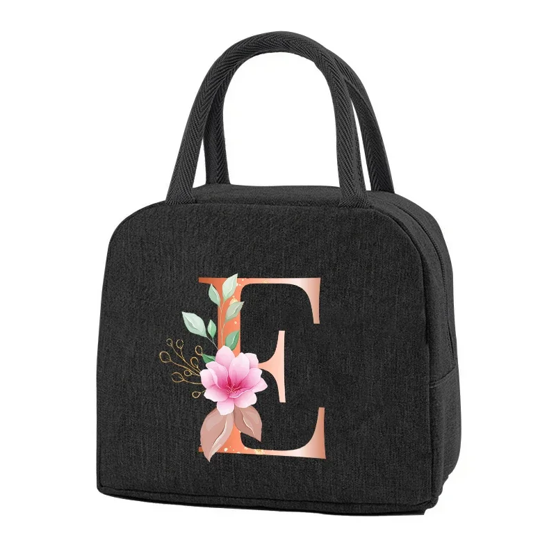 Insulated Thermal Cooler Bag Lunch Foods Storage Chilled Bags Zip Picnic Tote Letter Orange Flower Print Font A B C D E Handbag