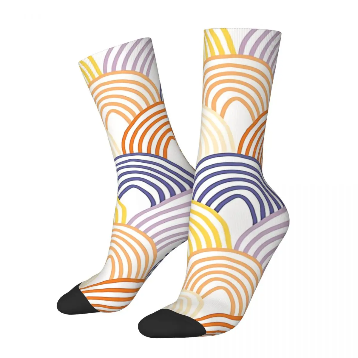 

Vintage Cute Multi Colored Hand Drawn Rainbow Scallop Stripes Men's Socks Unisex Street Style Printed Funny Crew Sock Gift