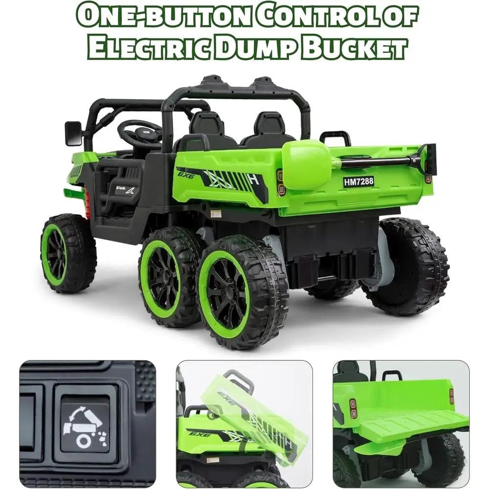 24V UTV 2 Seater Dump Truck with Remote Control, Electric Dump Bed, 4WD Power Ride on Truck Cars 6x6 Wheels, Music, Storage Trun