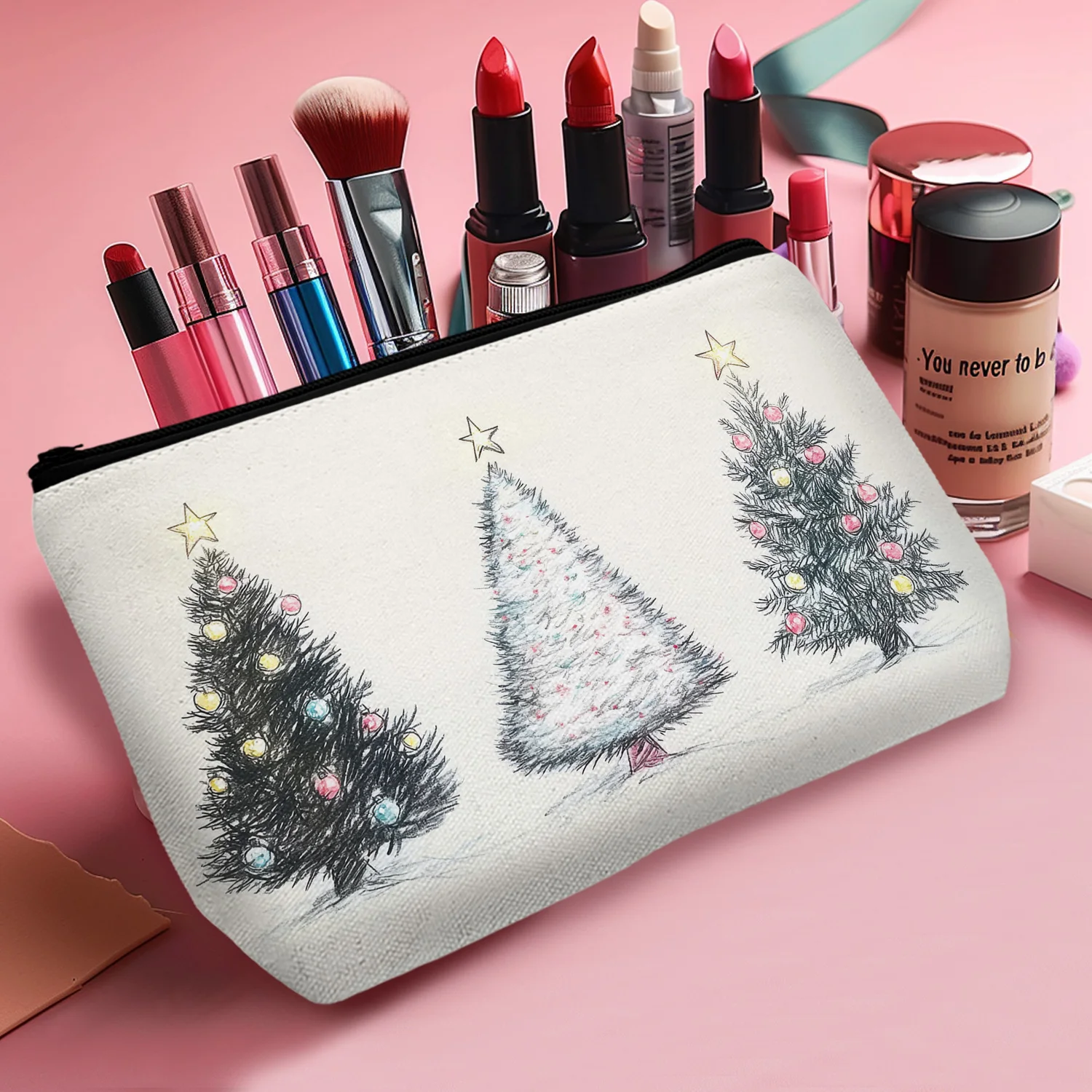 1Pc Simple Christmas Tree Star Cosmetic Bag Multifunctional Durable With Zipper Portable Women'S Cosmetic Bag Suitable For Daily