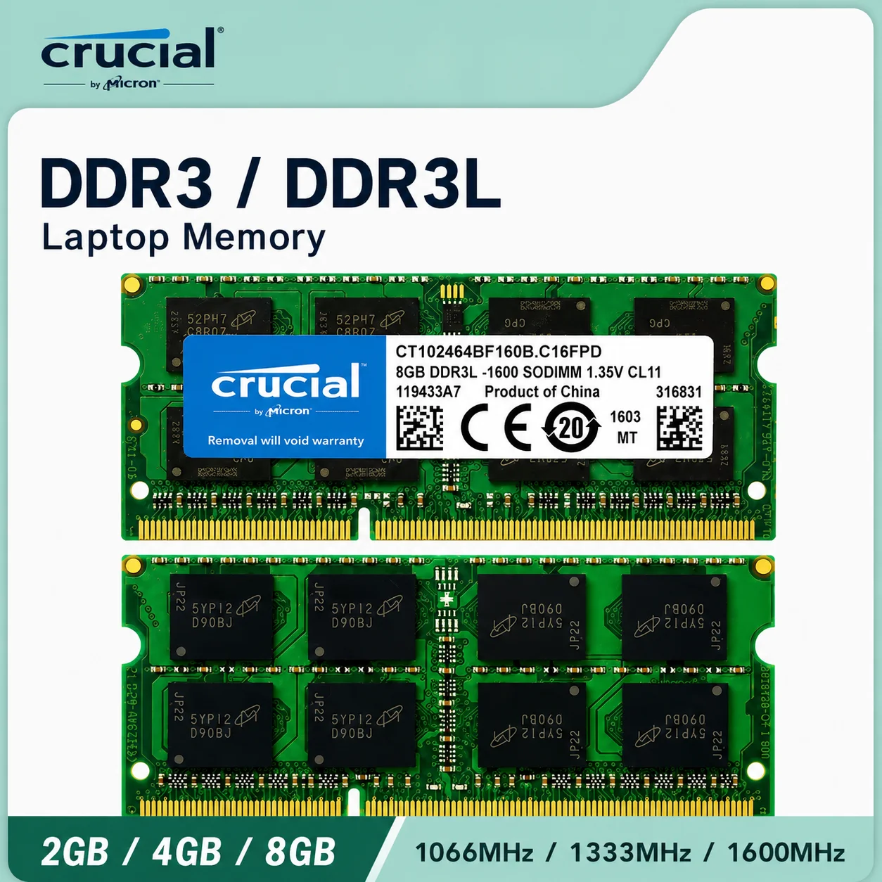 Crucial DDR3 DDR3L Laptop RAM 2GB 4GB 8GB 1066 1333 1600MHz 204Pin SODIMM PC3 PC3L Notebook Memory 1.35V 1.5V