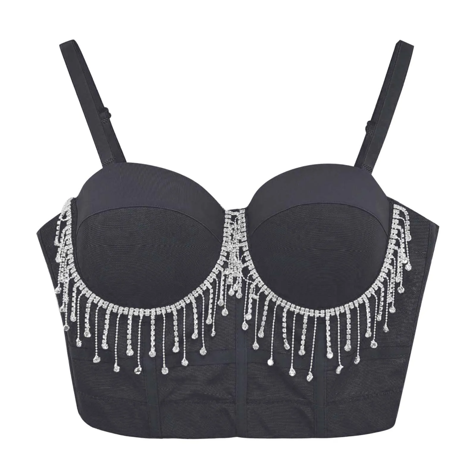 Nightclub Tassels Sexy Brassiere Female Rhinestone Underwire Tank Cropped Tops Women Low Cut Bare Midriff Spaghetti Strap Corset