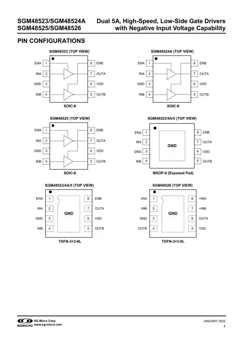 10Pcs/Lot SGM48523XTDB8G/TR TDFN-8,Dual 5A,High-Speed,Low-Side Gate Drivers with Negative Input Voltage Capability,electronics