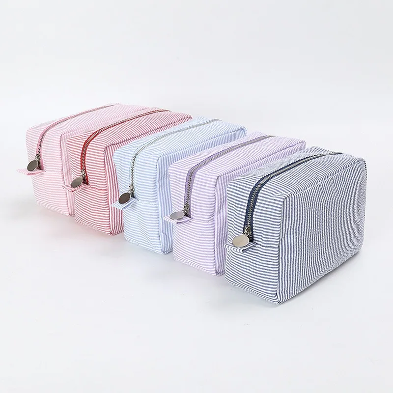 New in Seersucker Ruffle Cosmetic Bags Pink/Purple Striped Storage Make Up Bags for Women Lady with Zipper Travel Bag Makeup Bag