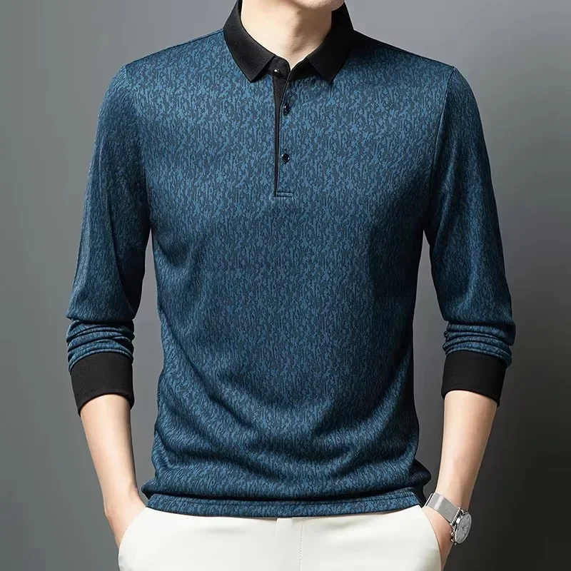فاخر لطيف جديد الحرير تنفس كم طويل قميص بولو الرجال الربيع والخريف موضة الجاكار قميص الأعمال عادية تي شي