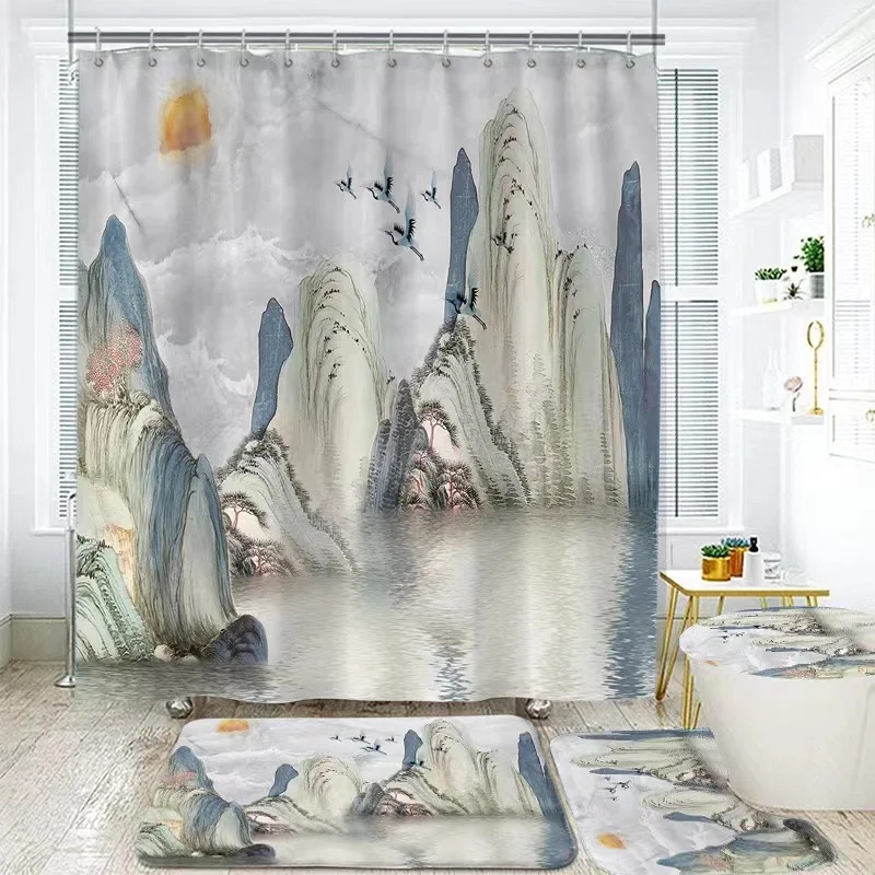 Landscape Ink Bamboo Painting Shower Curtains Chinese Style Bathroom Accessories Partition Waterproof Bath Curtains Rugs,Mat Set