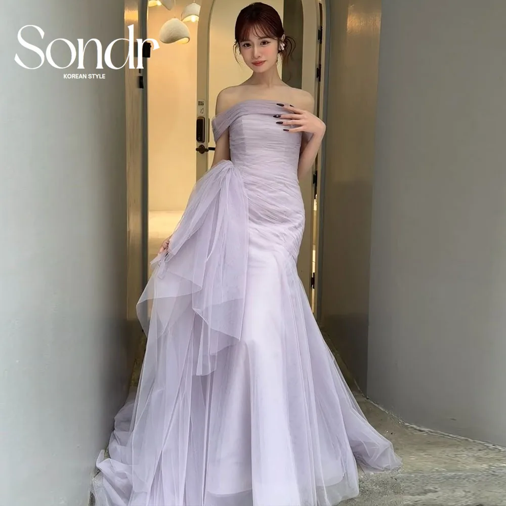 

Sondr Фиолетовая Русалка Японские свадебные платья Индивидуальное свадебное платье с вырезом лодочкой из мягкого тюля Фотосессия Самосвадебные платья