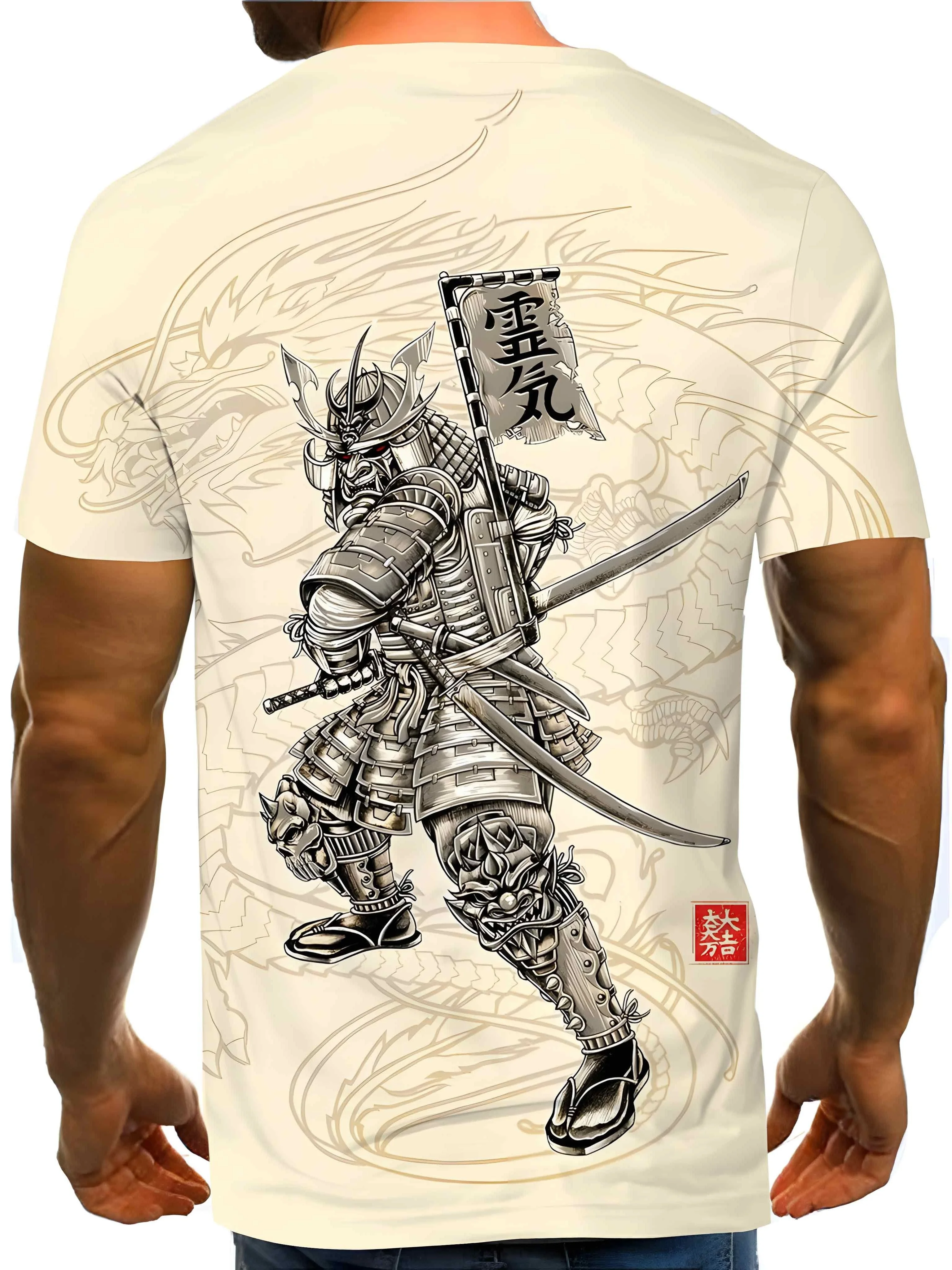 Mens Graphic Novelty Crew Neck Short Sleeve T-Shirt - Vibrant Anime Dragon Samurai All Over Print Polyester Fabric Casual Summer