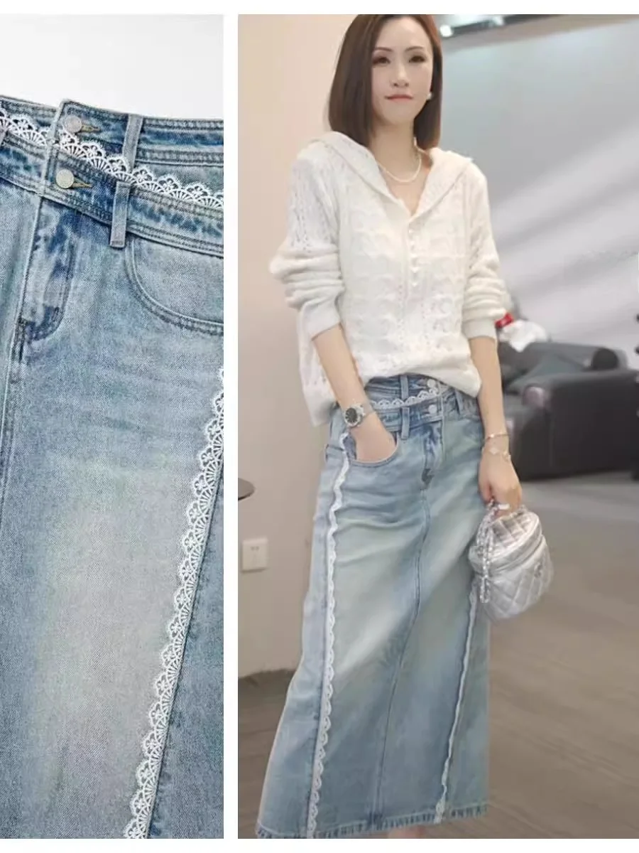 High Waist Slimming Denim Midi Skirt Women's Spring New Style Fashionable Casual Straight Cut Knee-Length Single Color Skirt