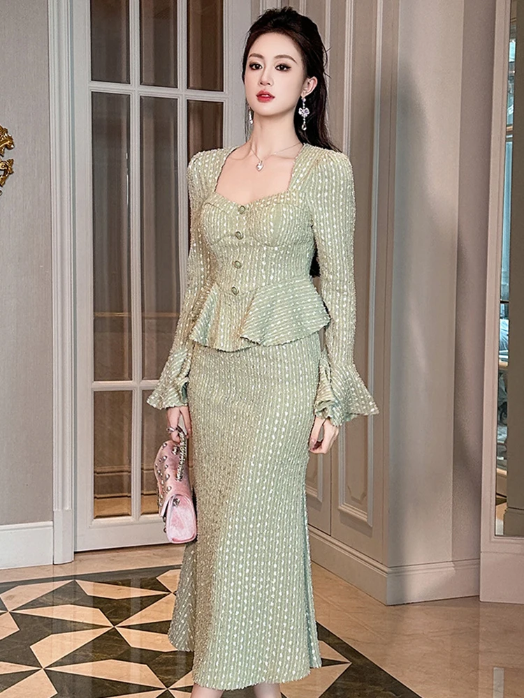 

Women Clothes Fake 2-Piece Ruffle Flare Sleeve Slim Midi Fishtail Dress Elegant Ladies Fashion Vintage Vestido Casual Formal New