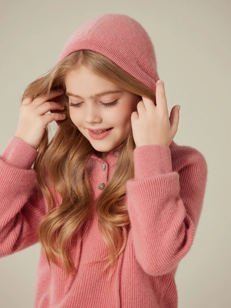Children's 100% Pure Cashmere Pullover Sweater Autumn Winter Girls Hooded Soild Button Long Sleeve Knit Sweater Versatile Cute