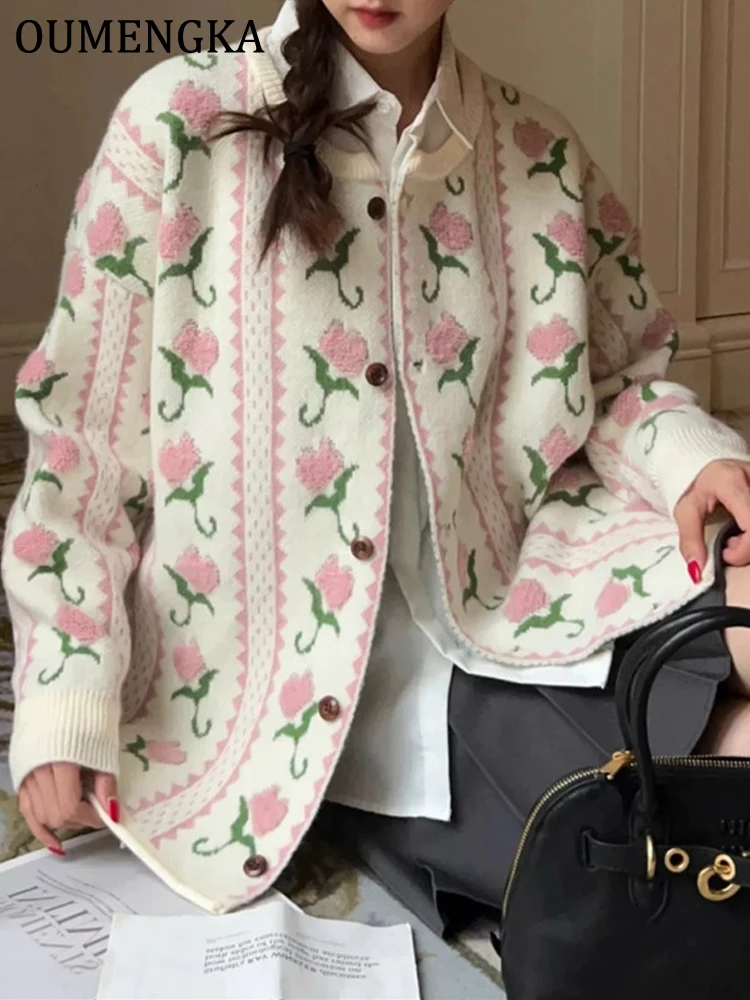 

Elegant Long Sleeve Sweater Women New Single-Breasted Female Oversize Casual Cardigan Soft Flower Print Knitted Outwear