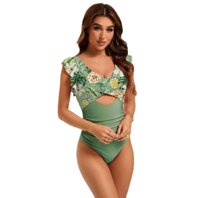 2025Hollow Print Solid Color One-Piece Bikini Swimsuit for Women Sexy Style