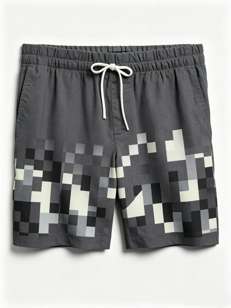 Men Dark Gray Gradient Pixel Block Print Drawstring Waist Casual Shorts With Side Pockets