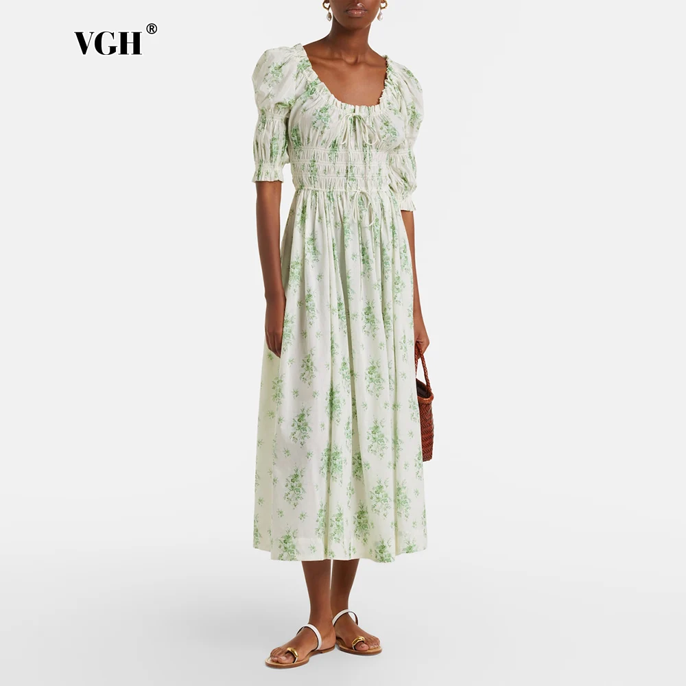 

VGH Boho Print Floral Print Smocked Waist Midi Dresses for Women Square Collar Puff Sleeves Mid Length Skrit for Beach Vacations