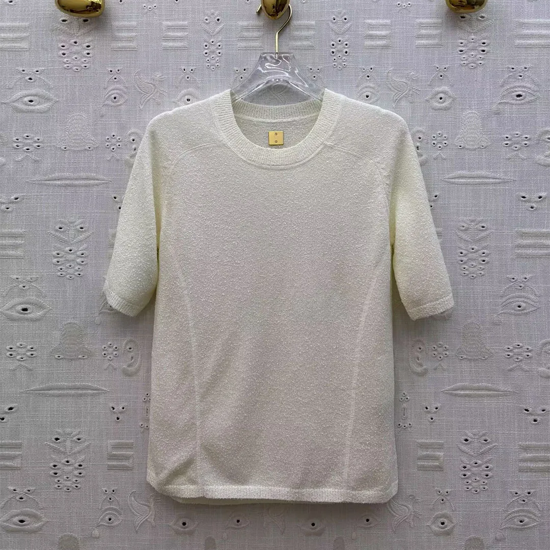 

Новая весенне-летняя элегантная модная вязаная тонкая футболка женская с круглым вырезом и коротким рукавом сзади с золотыми пуговицами винтажные топы футболка