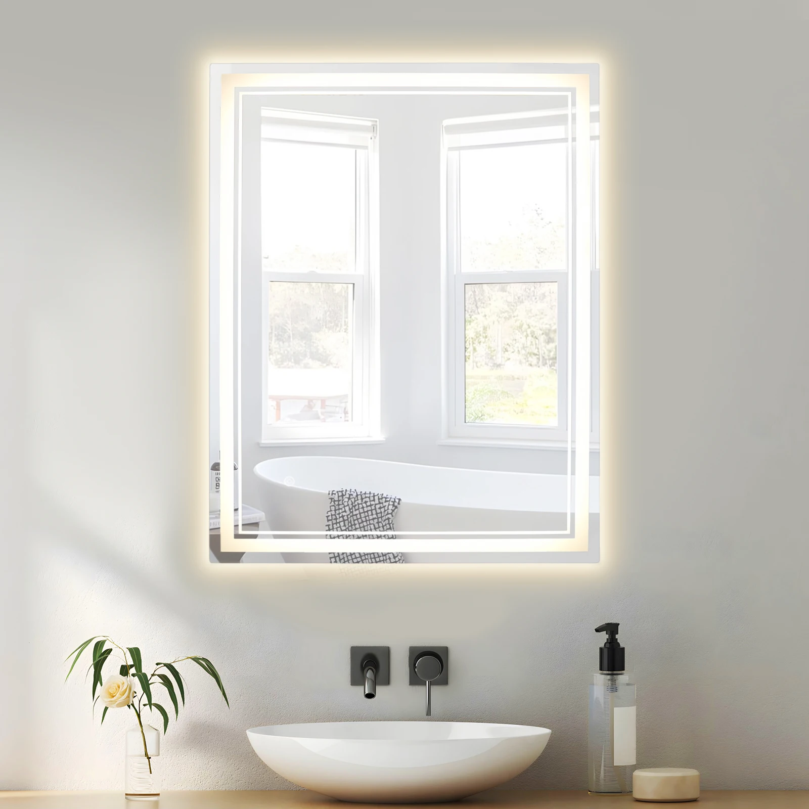 Vertikaler oder horizontaler LED-Badezimmerspiegel mit Touch-Schalter, 3000-4000-6000K Farbtemperatur, stufenloses Dimmen